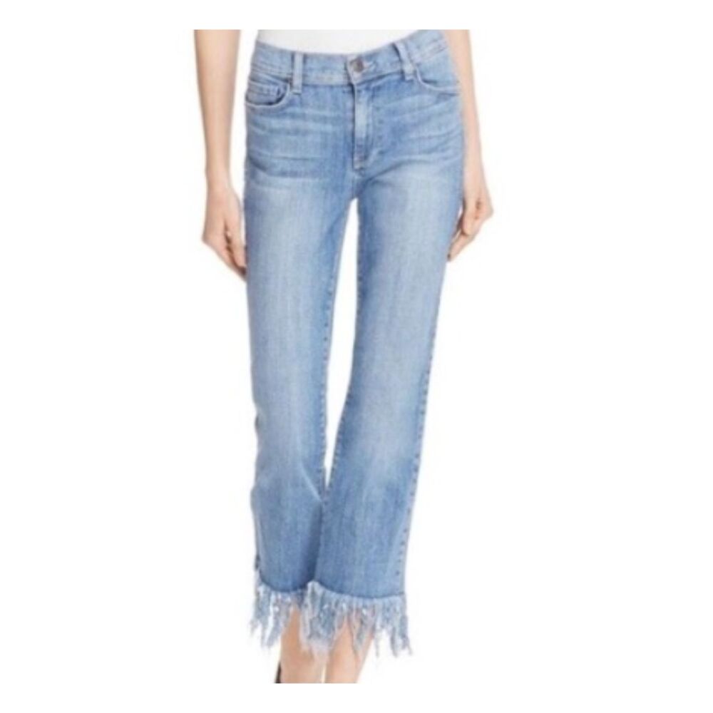 Pistola Distressed Fray Hem Mid Rise Jeans Straight Leg Cropped Denim 28